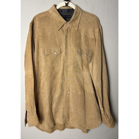Vintage Tommy Hilfiger Shirt Large Brown Suede Leather Pearl Snap Western Wear